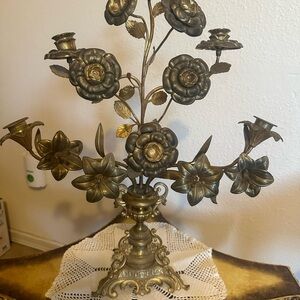 Antique 20th Century French Bronze Floral Ornate 5 Arm Candelabra 22” Tall